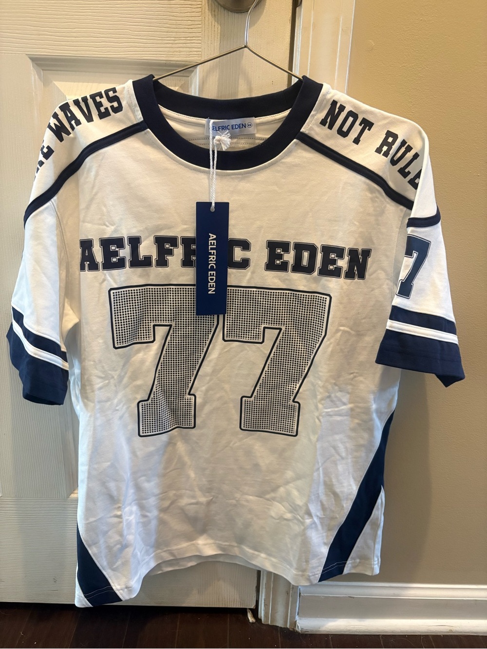 New with Tags Aelfric Eden Navy & White '77' Varsity Graphic Tee X Small